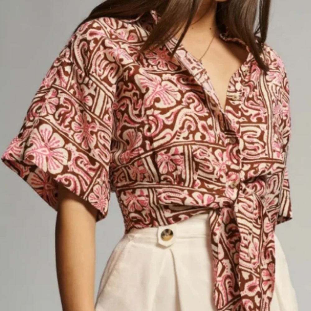 Pink and Brown Button Down Shirt with Tie Front and Notched Collar